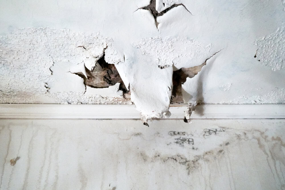 A close-up of a damaged ceiling in a home with peeling, cracked paint and visible water stains, showing signs of severe water damage above a white trim.