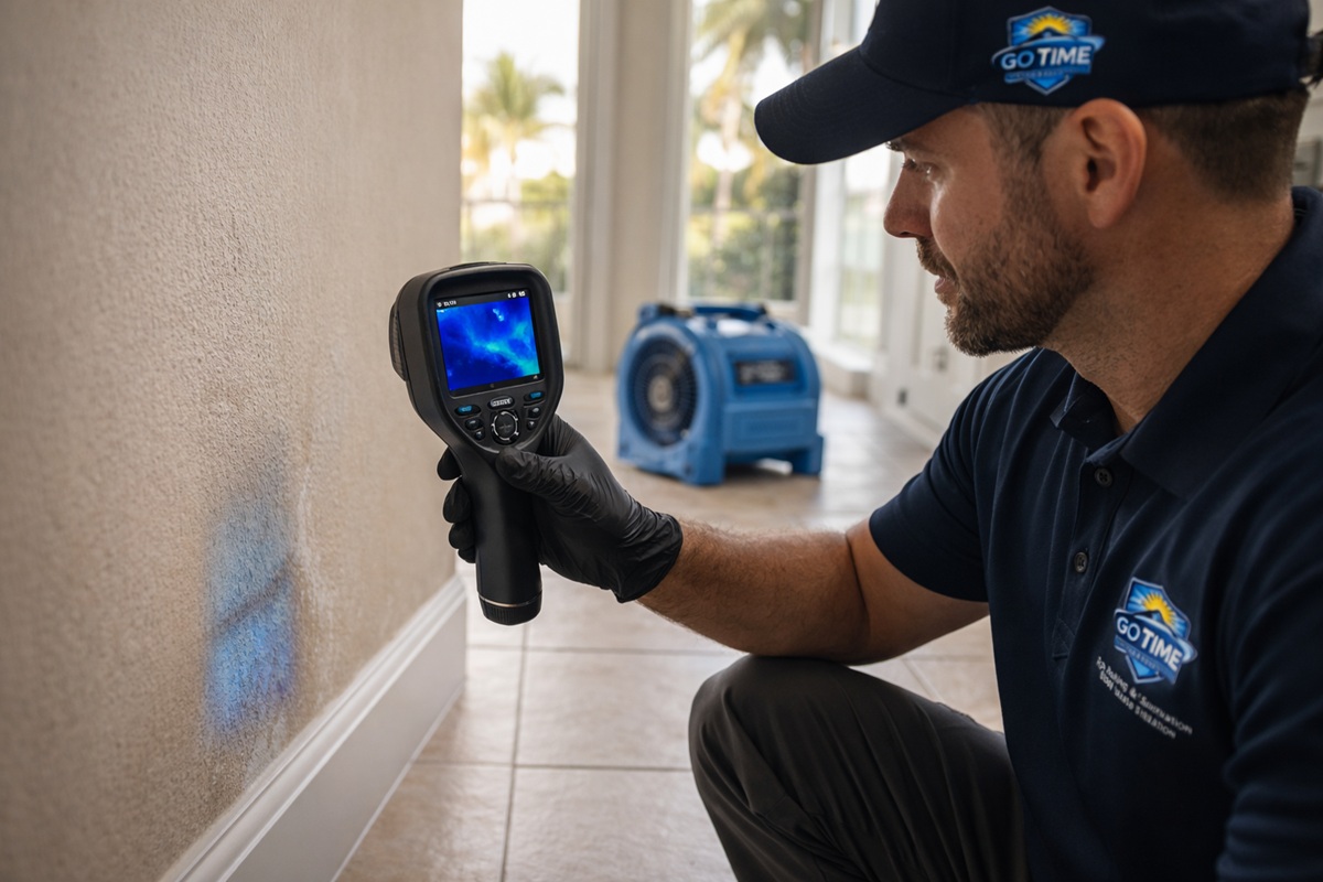 A man in a blue uniform uses a handheld thermal imaging device to inspect a wall for moisture damage near the floor; restoration equipment sits in the background.