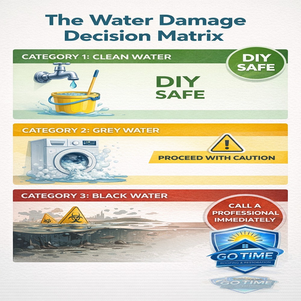 A decision matrix on water damage: Clean water (DIY safe) with a mop and bucket, grey water (proceed with caution) with a washing machine, and black water (call a professional) with floodwater and warning signs.
