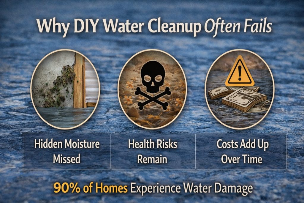 Why DIY Water Cleanup Often Fails" with icons for hidden moisture, health risks, and costs, plus text stating 90% of homes experience water damage.