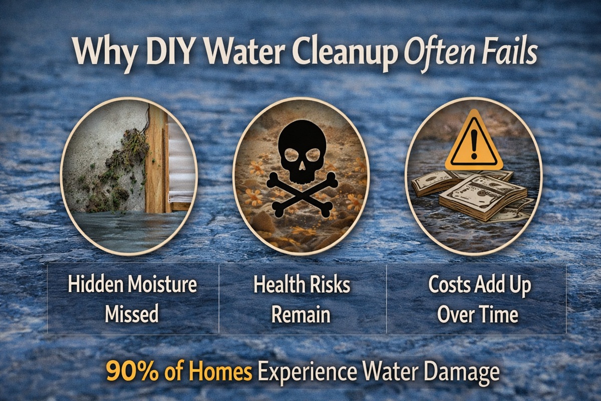 Why DIY Water Cleanup Often Fails" with icons for hidden moisture, health risks, and costs, plus text stating 90% of homes experience water damage.