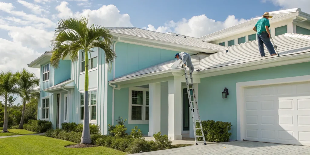 The best water damage restoration company crew working on a storm-damaged roof.