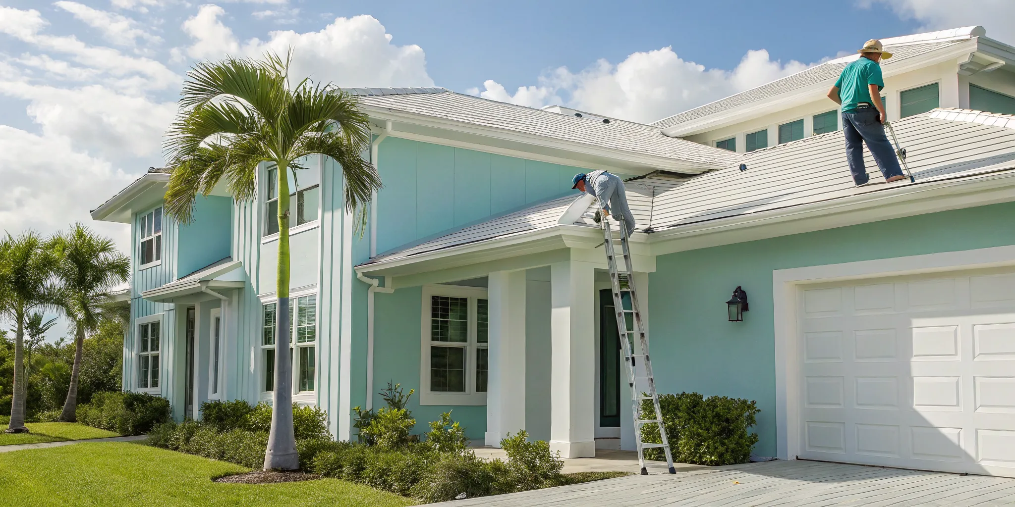 The best water damage restoration company crew working on a storm-damaged roof.