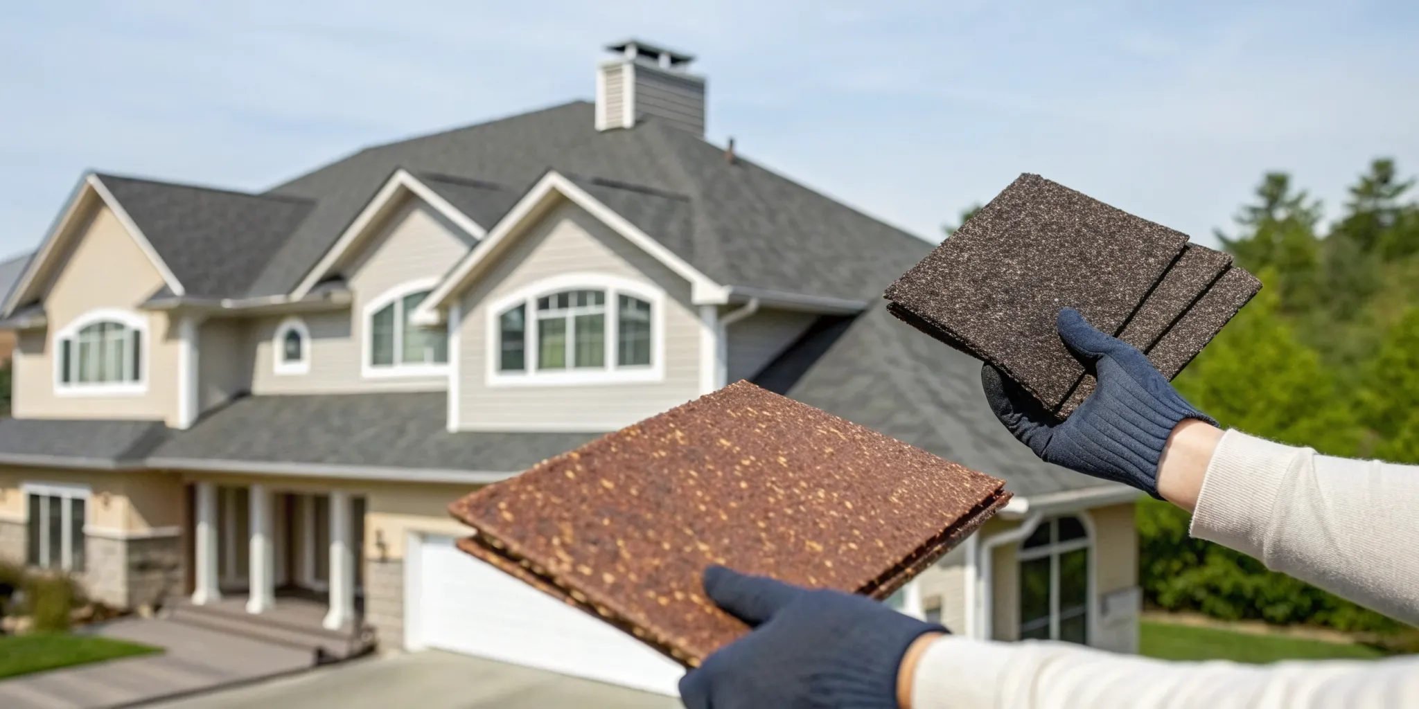 Various asphalt shingle samples showing different options for a roof's lifespan.