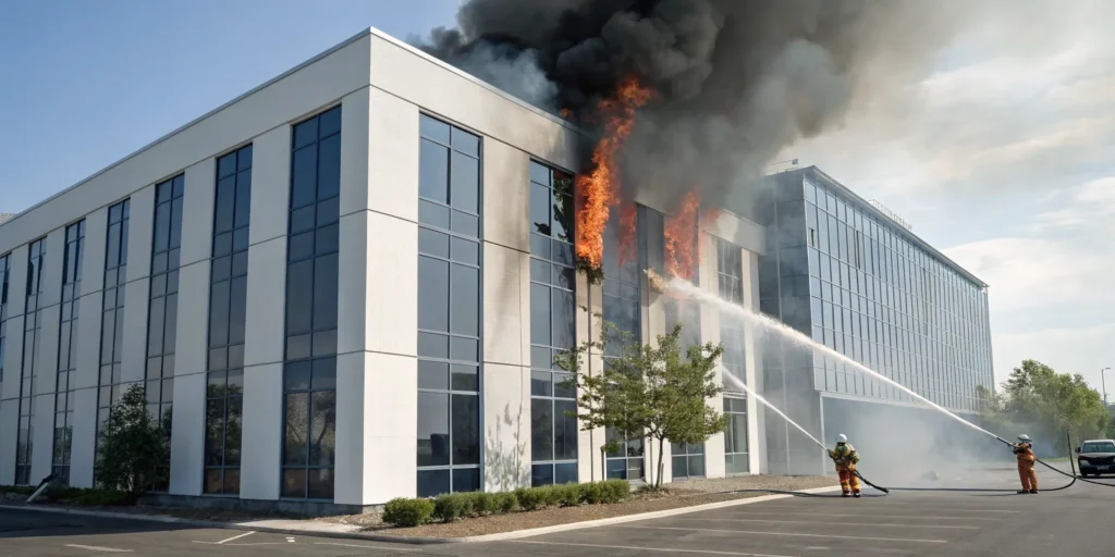 A building with extensive fire and smoke damage requiring professional cleanup and restoration.