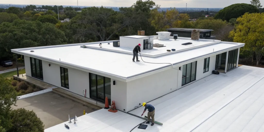 Workers installing white roofing material for a residential flat roof replacement.
