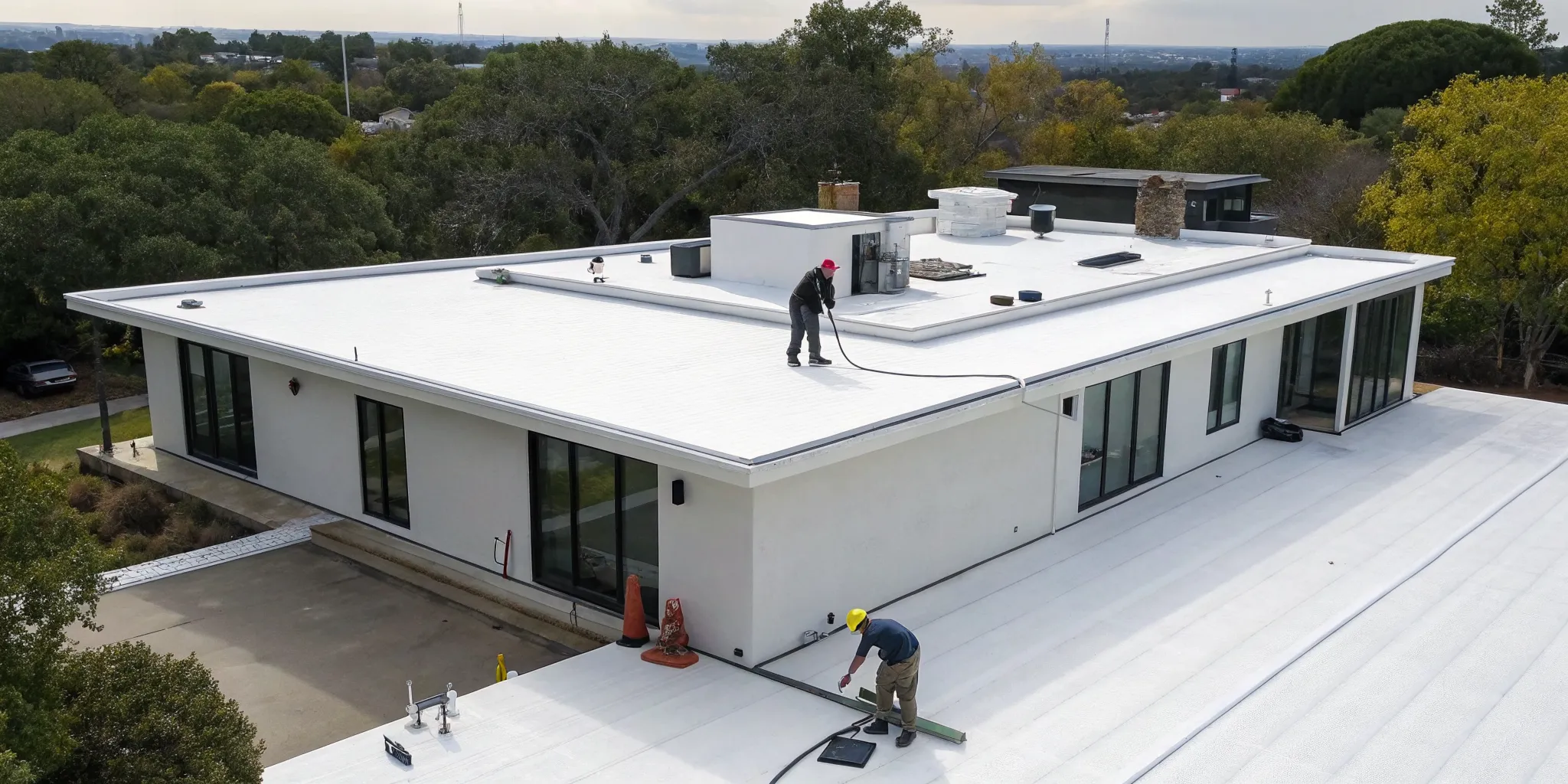 Workers installing white roofing material for a residential flat roof replacement.