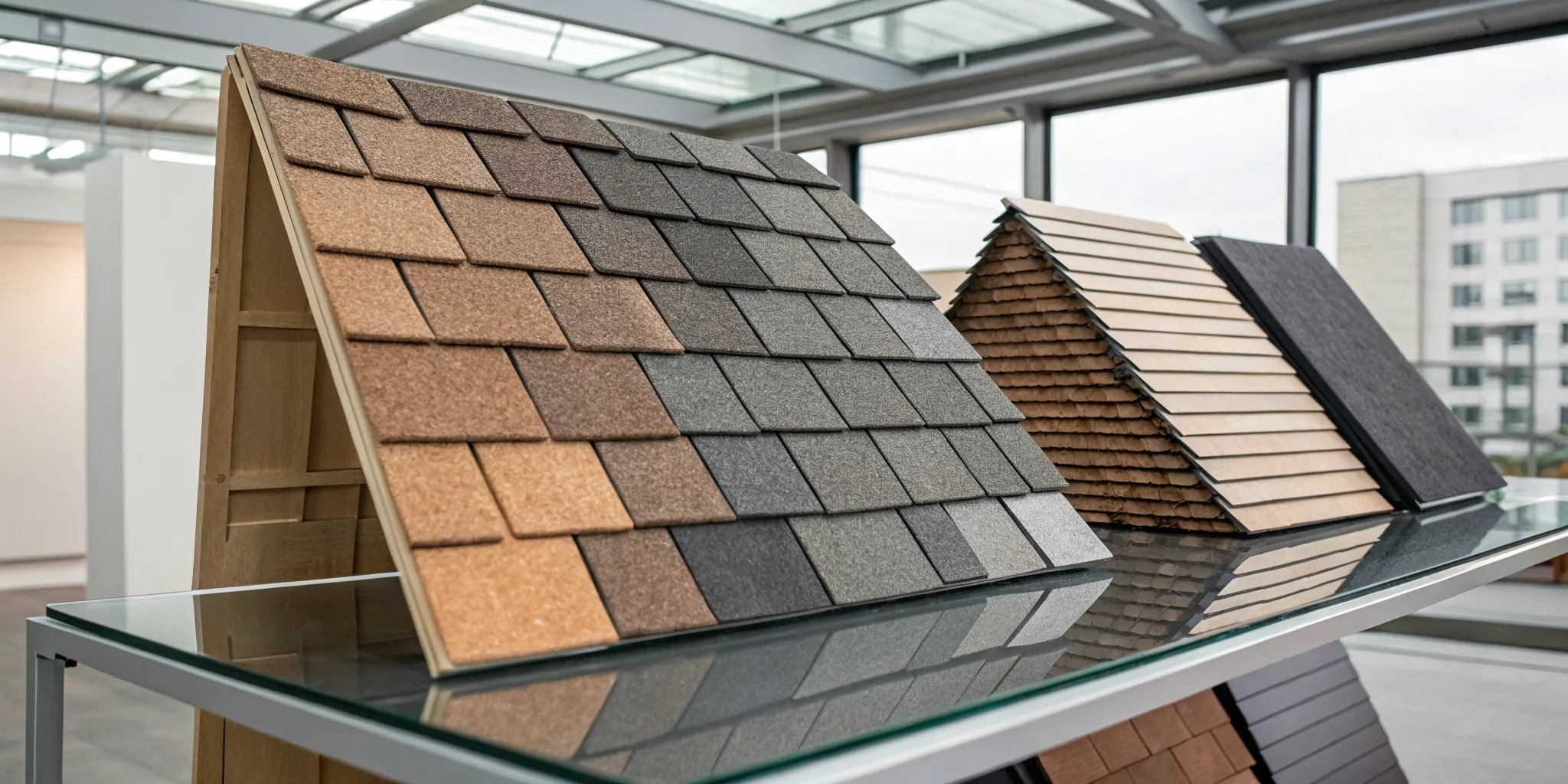 A variety of roofing shingles displayed to compare different material prices.