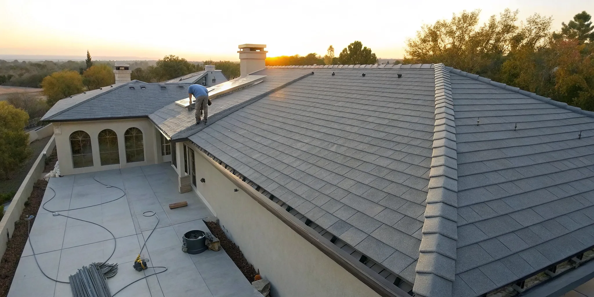 Concrete roof tile installation in progress on a residential home.