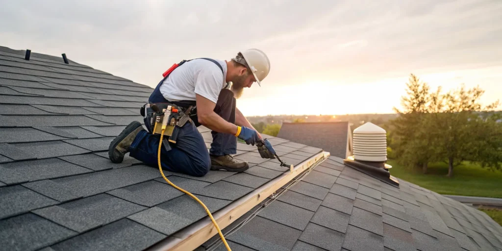 Roofer using power tools to repair a broken roof.