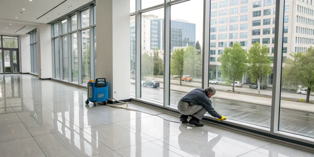 Commercial restoration company crew cleaning a damaged office building after a disaster.