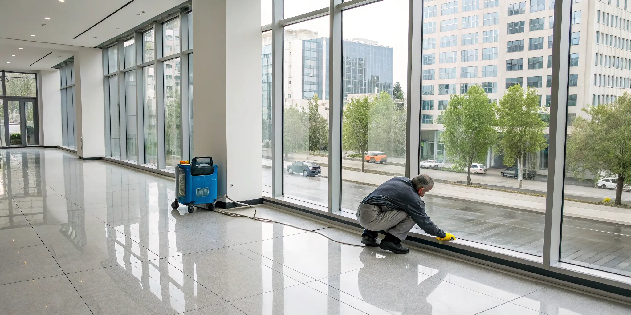 Commercial restoration company crew cleaning a damaged office building after a disaster.