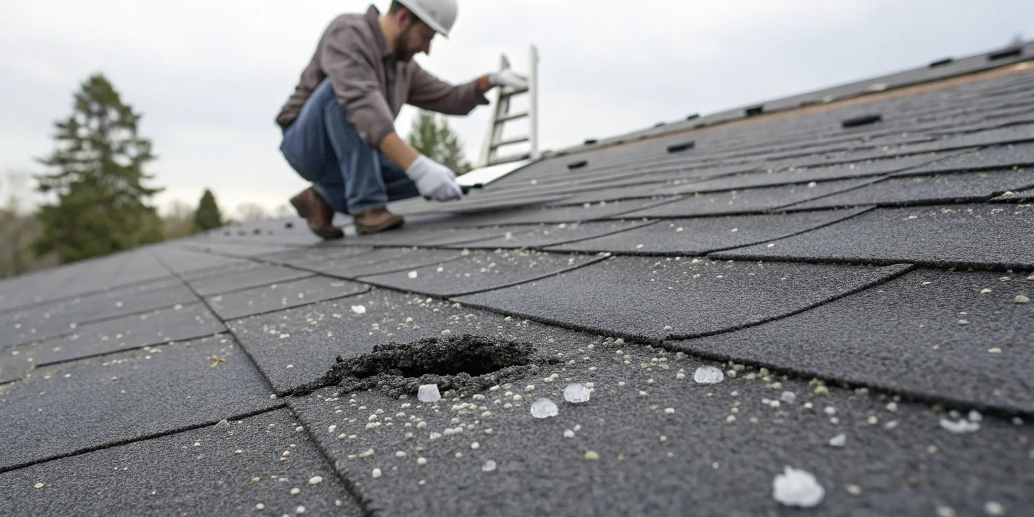Severe hail damage on an asphalt roof with cracked shingles and a visible puncture.