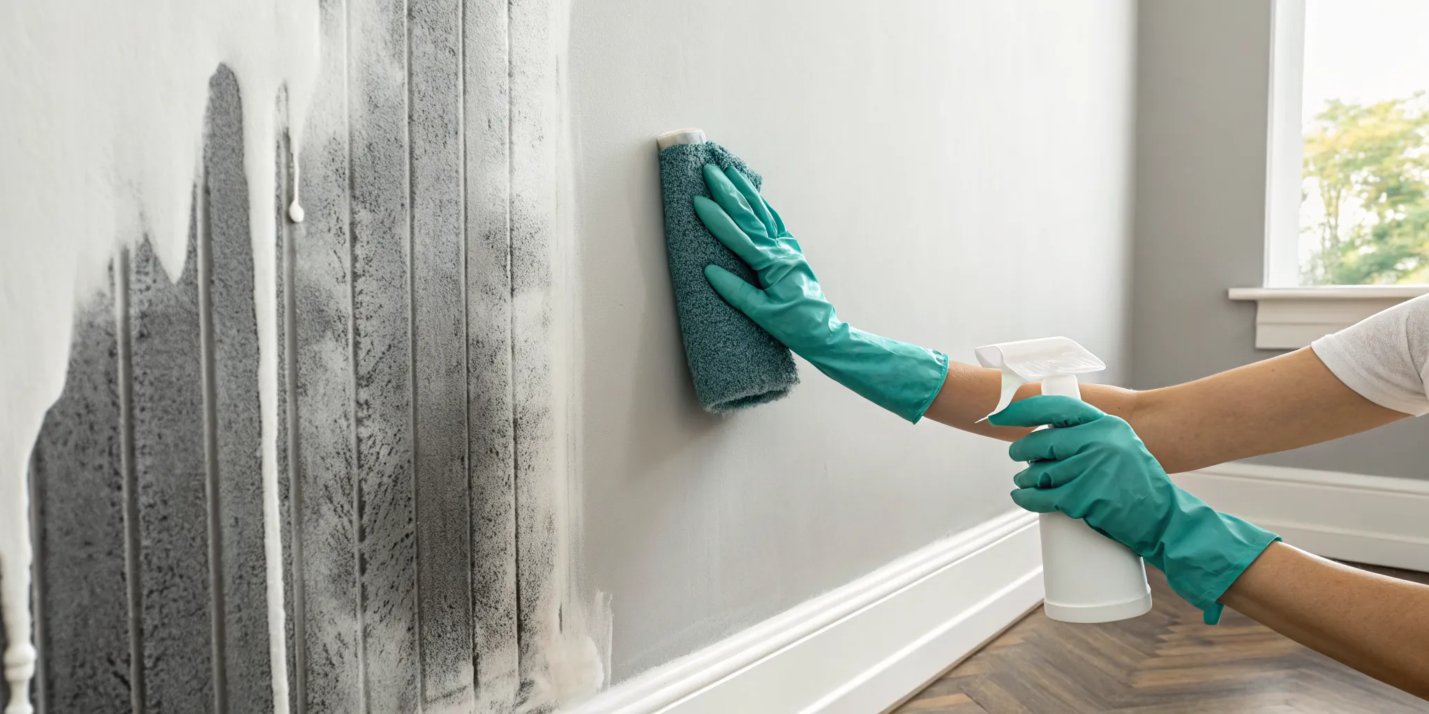 A person cleaning a soot-stained wall with a special soot cleaner and sponge.