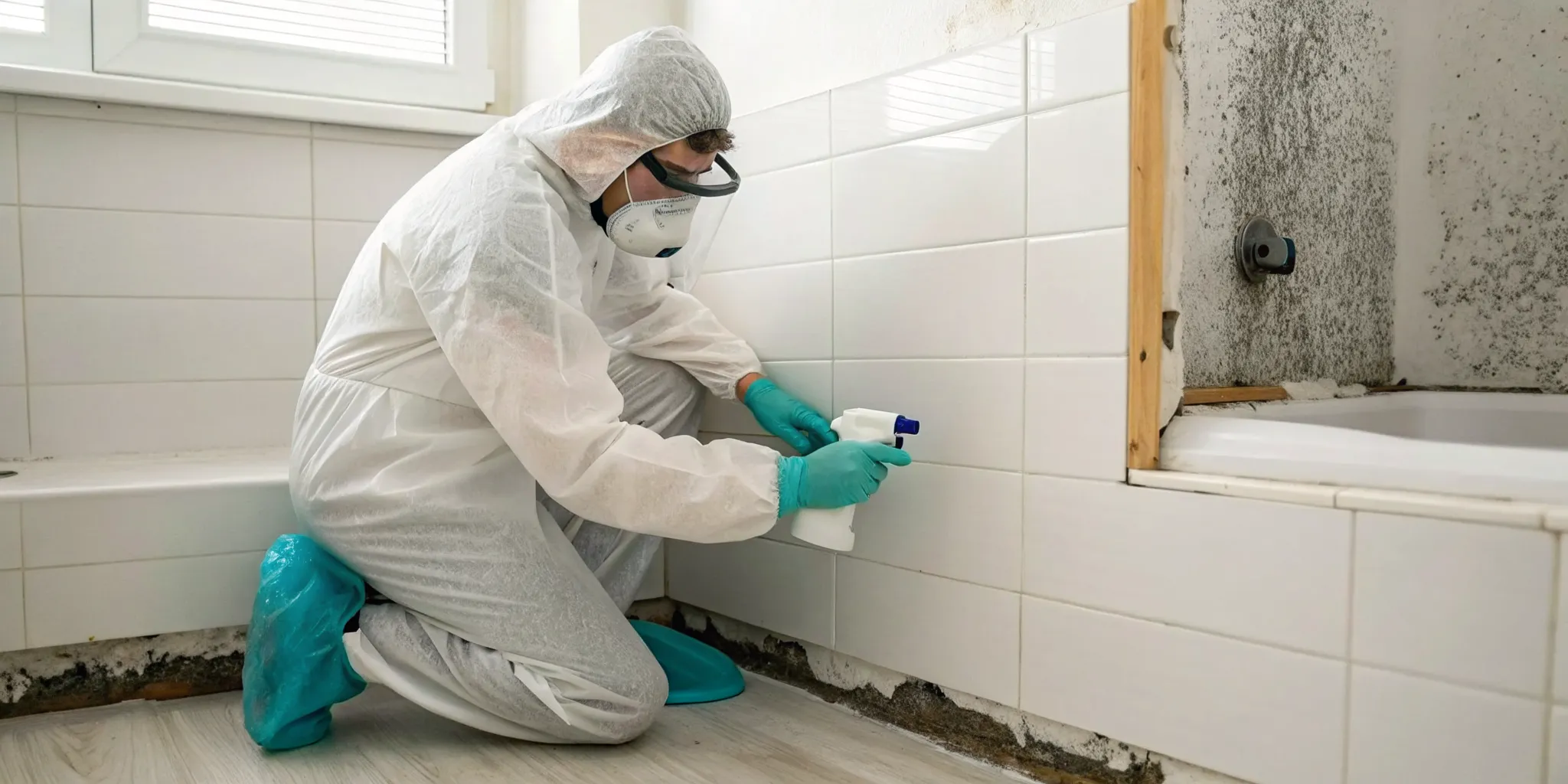 A person in safety gear scrubs a tiled wall for black mold removal.