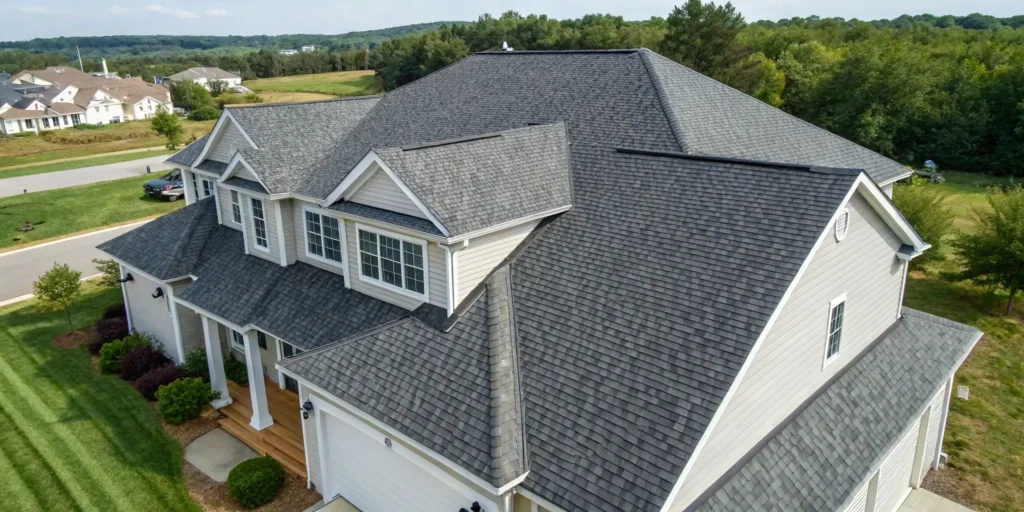 A completed asphalt shingle roof replacement on a residential home.