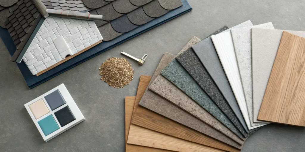 A variety of asphalt shingles used to compare different styles and prices.