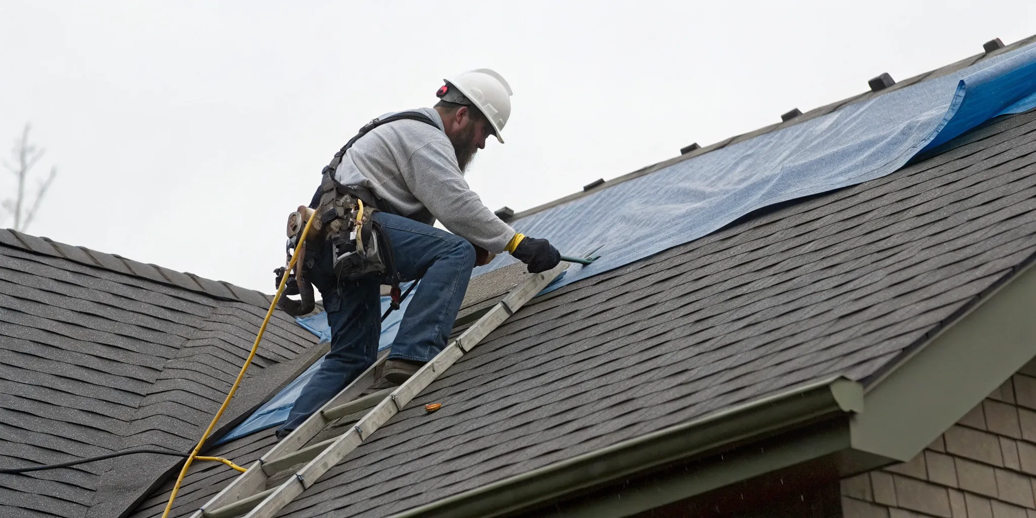 Emergency roof leak repair with a worker applying a tarp to shingles.