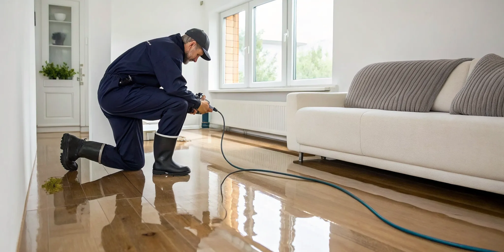 Emergency water damage repair professional extracting water from a flooded living room.