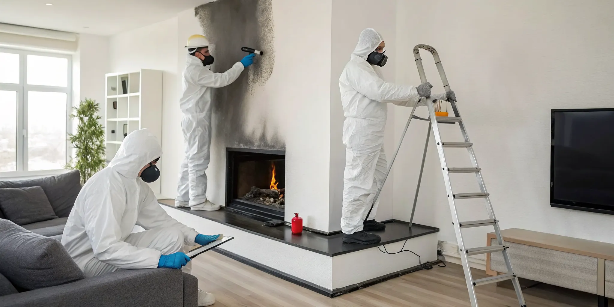Fire damage cleanup crew in protective suits carefully removing soot from the walls of a home.