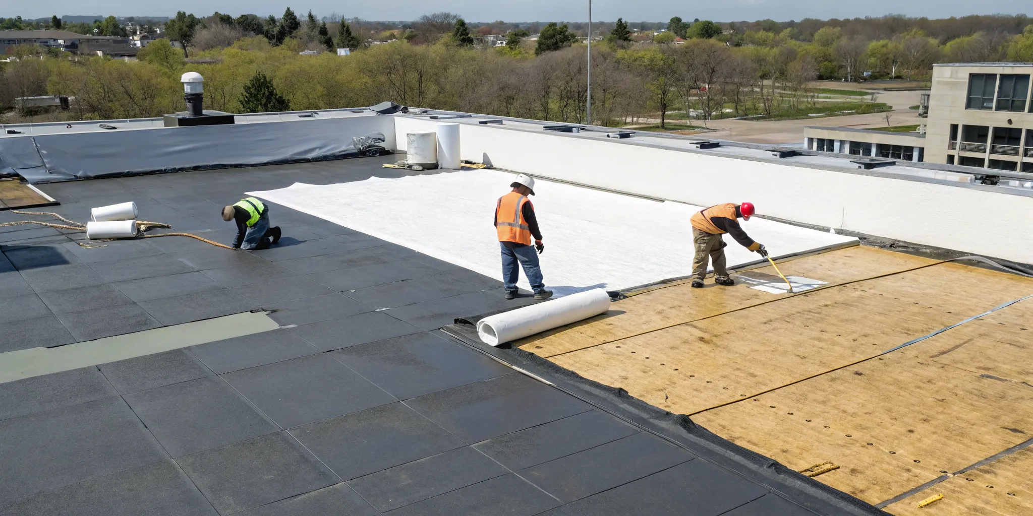 Professional flat roof replacement in progress on a commercial building.
