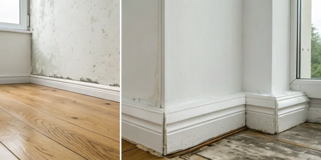 Mold growing on a wall and baseboard after recent water damage.
