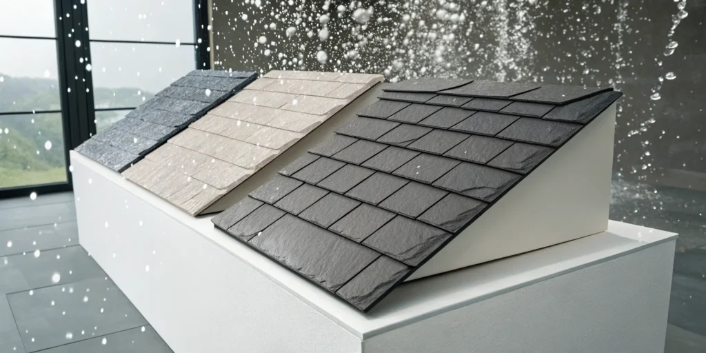 A selection of different Class 4 hail resistant roof shingles.