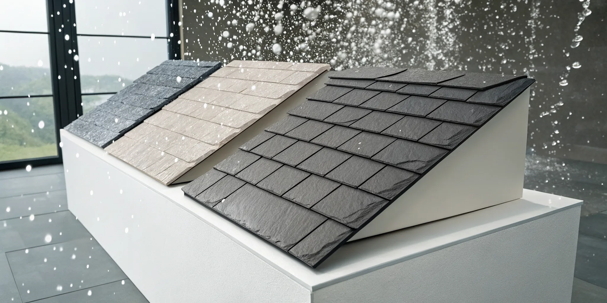 A selection of different Class 4 hail resistant roof shingles.