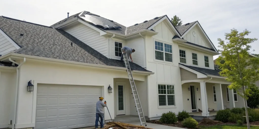 Two roofers repair a residential roof after a shingle fell off.