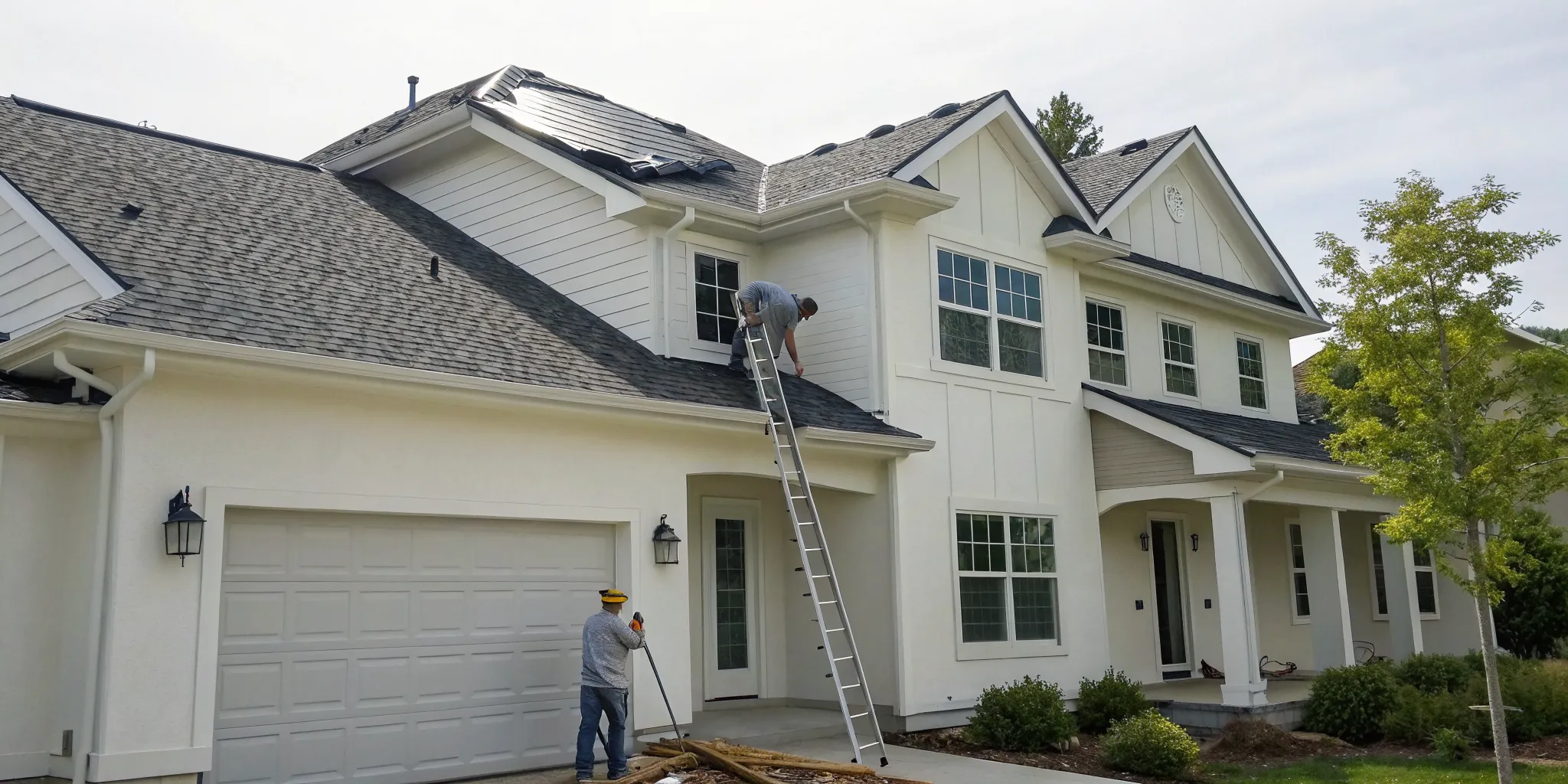 Two roofers repair a residential roof after a shingle fell off.