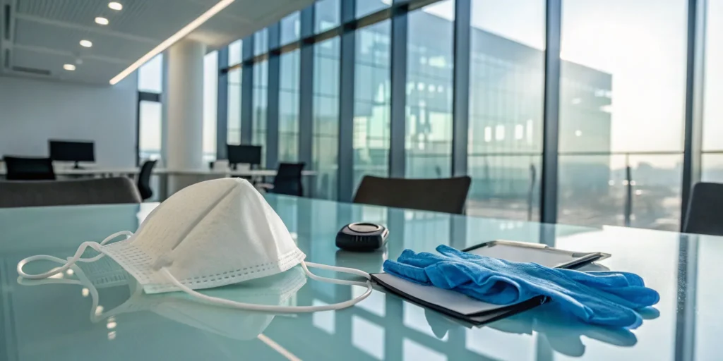 Protective mask and gloves on a desk for safety against smoke contamination after a fire.