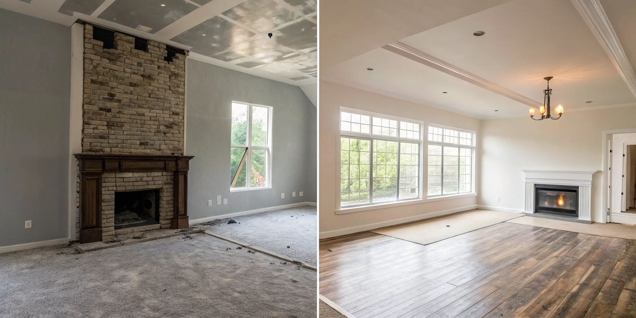 A living room's transformation before and after professional smoke damage restoration.