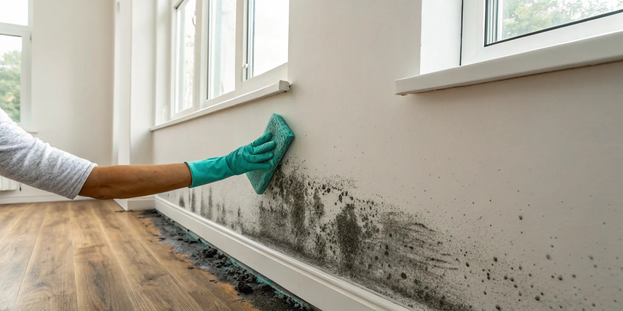 A person in protective gloves performing soot removal from a wall with a sponge.