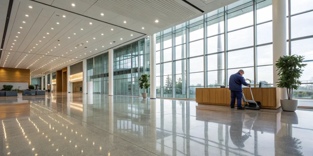 Professionals performing commercial water damage restoration in an office with drying equipment.