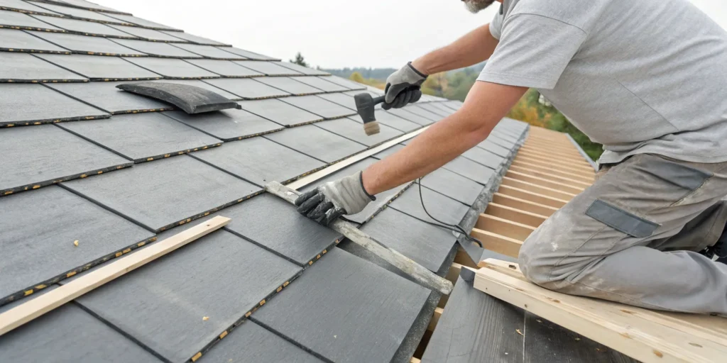 A roofer with a hammer and gloves works on a tile roof installation.