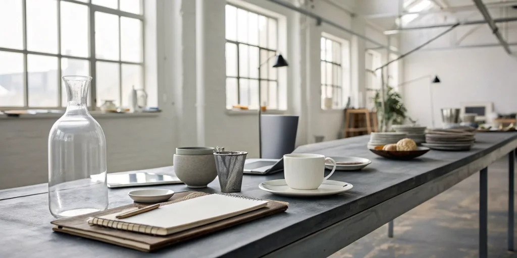 Salvageable items after smoke damage, including a glass carafe, ceramic mug, and notebooks.