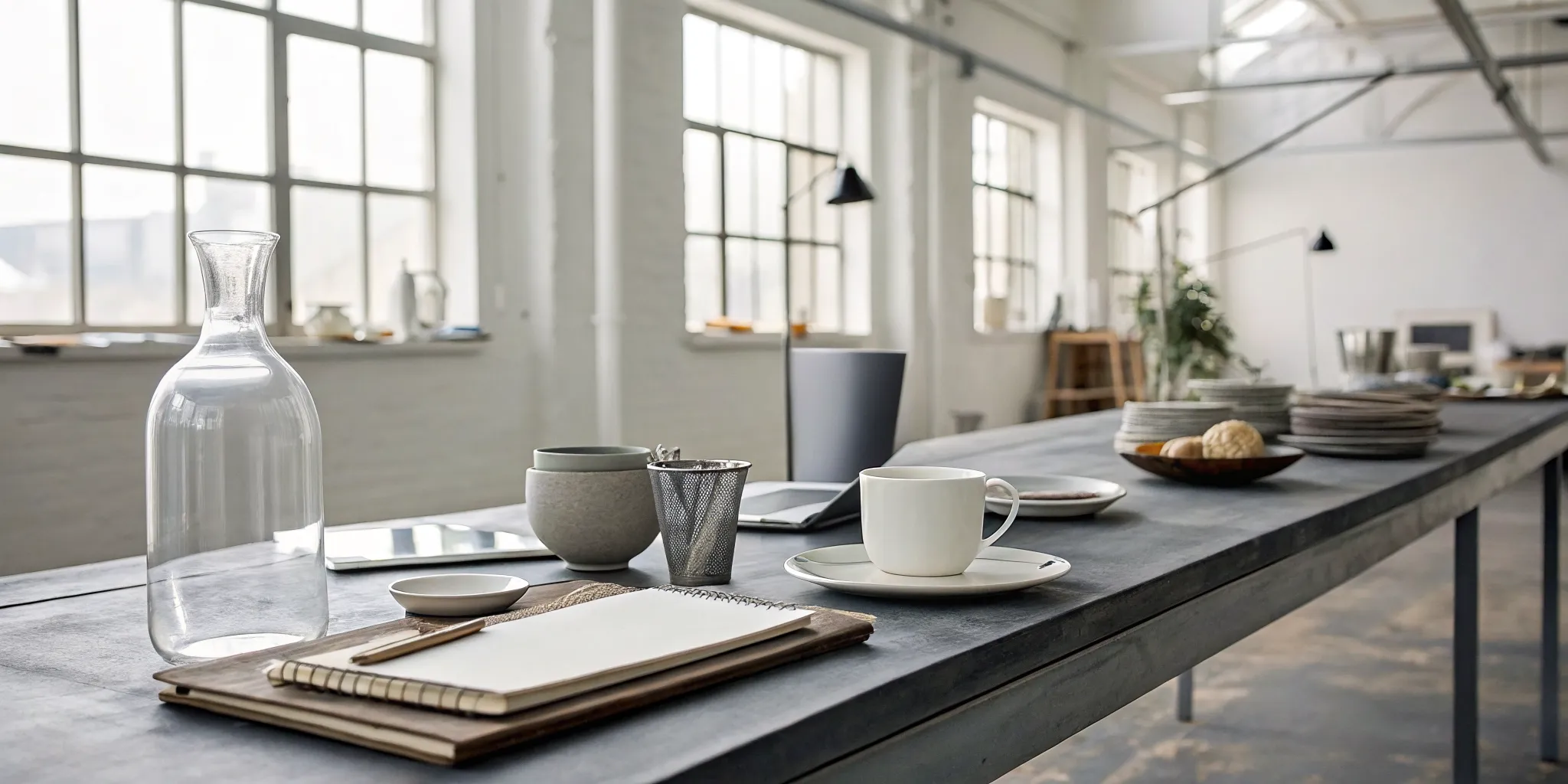 Salvageable items after smoke damage, including a glass carafe, ceramic mug, and notebooks.
