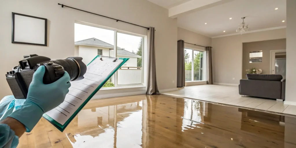 Homeowner photographing water-damaged hardwood floors for an insurance claim after a house flood.