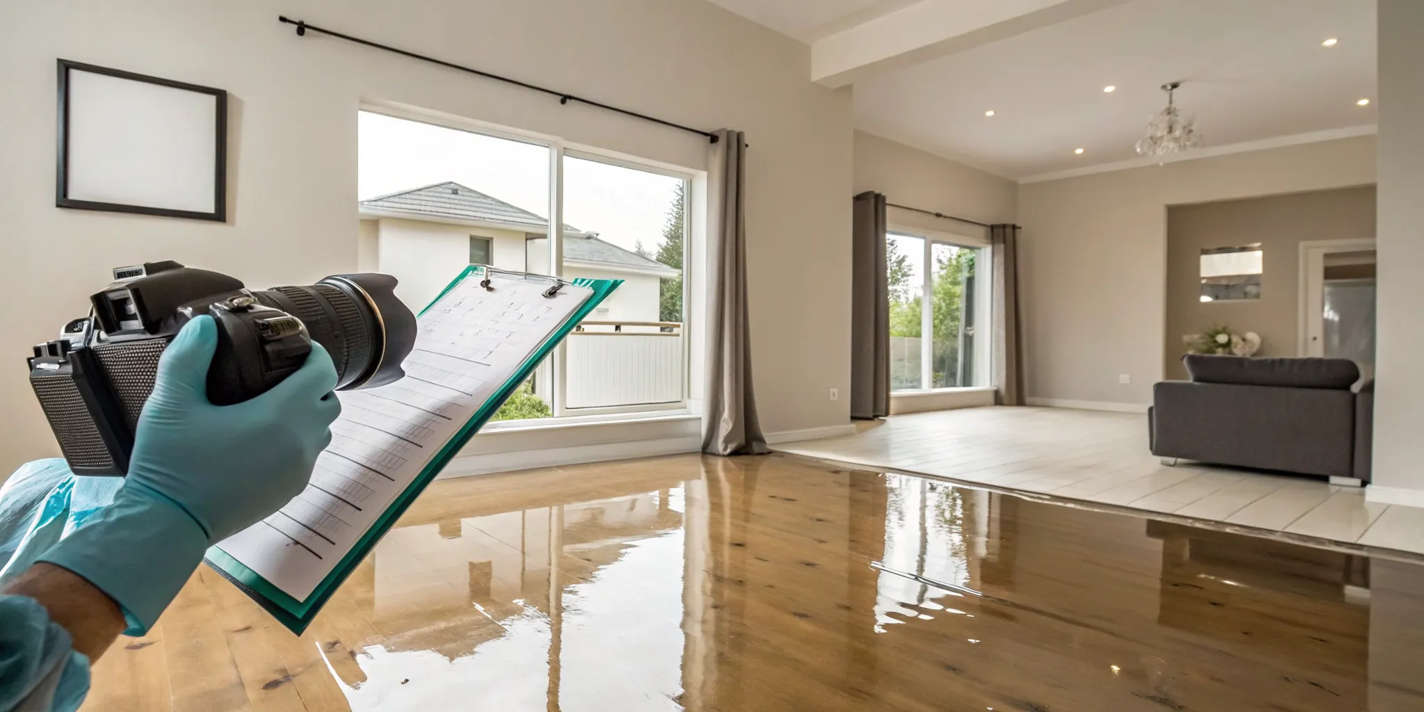 Homeowner photographing water-damaged hardwood floors for an insurance claim after a house flood.
