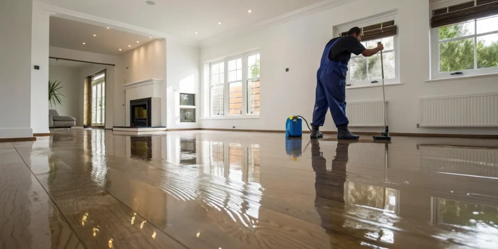 A professional cleaning a hardwood floor after water damage.