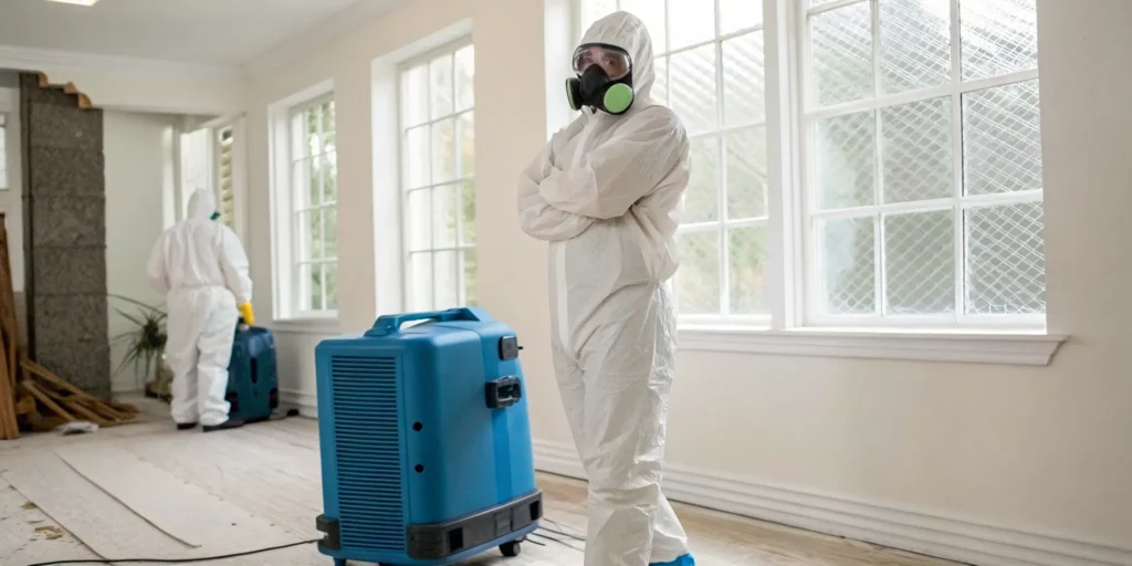 Certified professionals performing safe mold removal in protective suits with specialized equipment.
