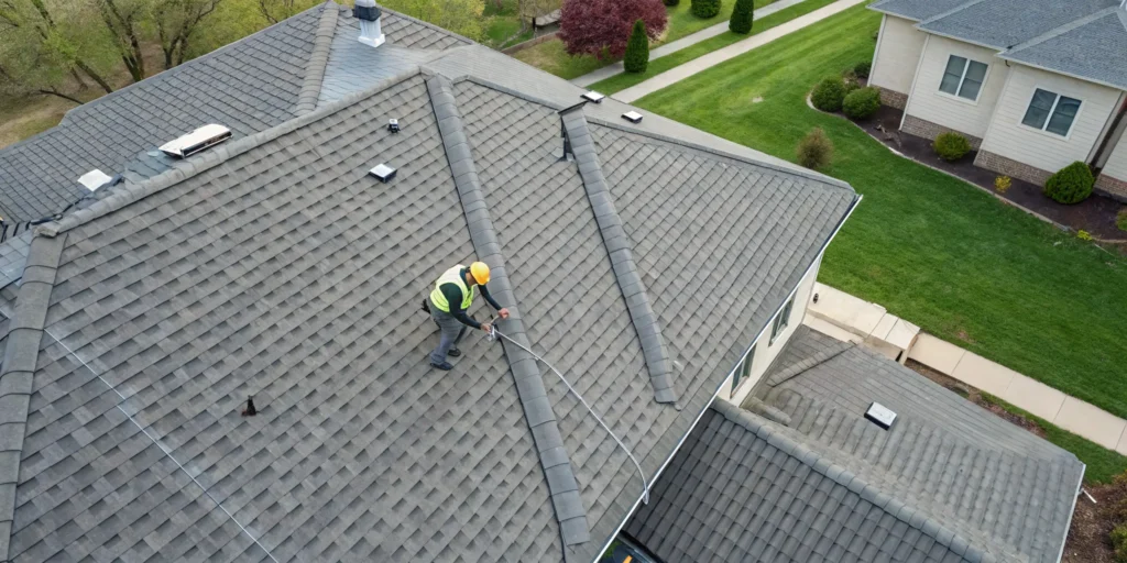 Roofer inspecting a roof for hail damage before a replacement.