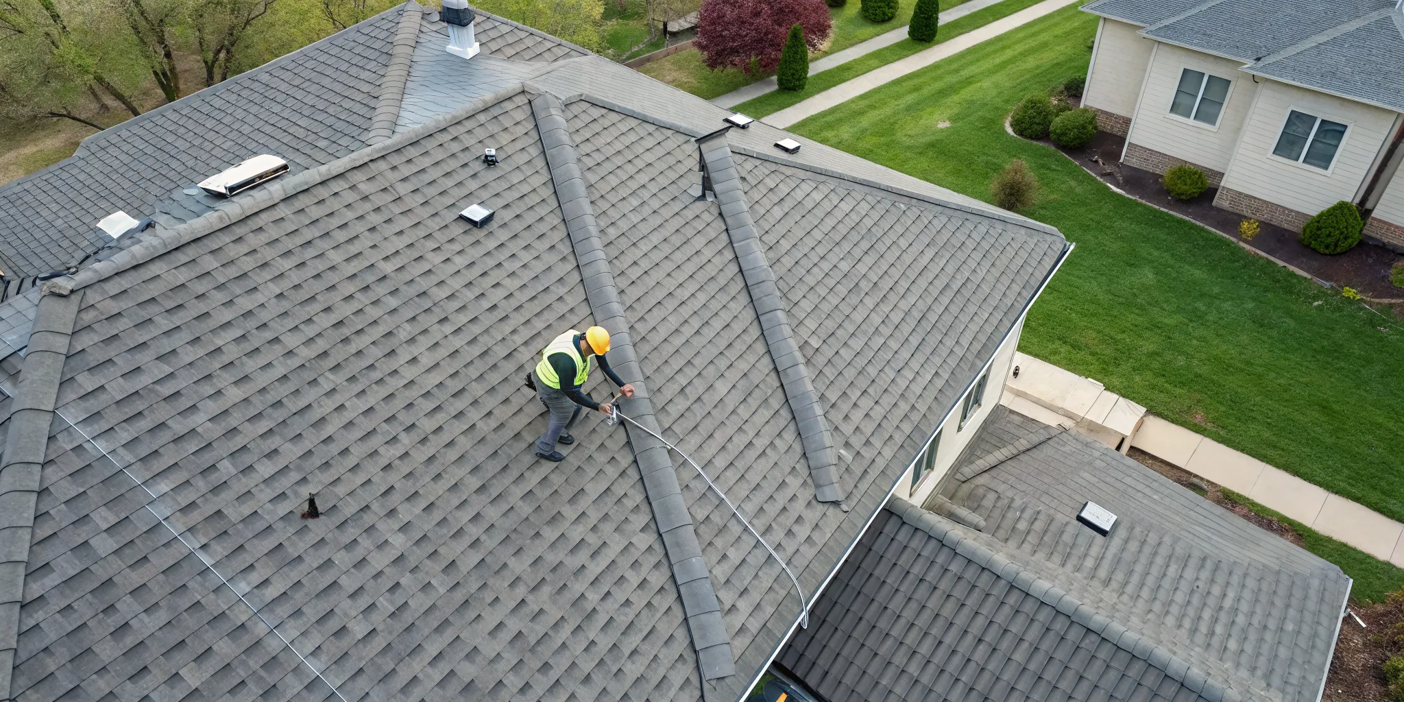 Roofer inspecting a roof for hail damage before a replacement.