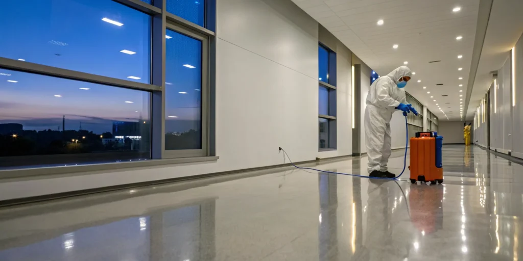 A technician in a hazmat suit provides 24/7 mold remediation services.