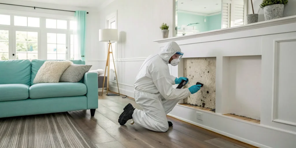 A professional performing black mold removal, a key factor in the cost in St. Petersburg.