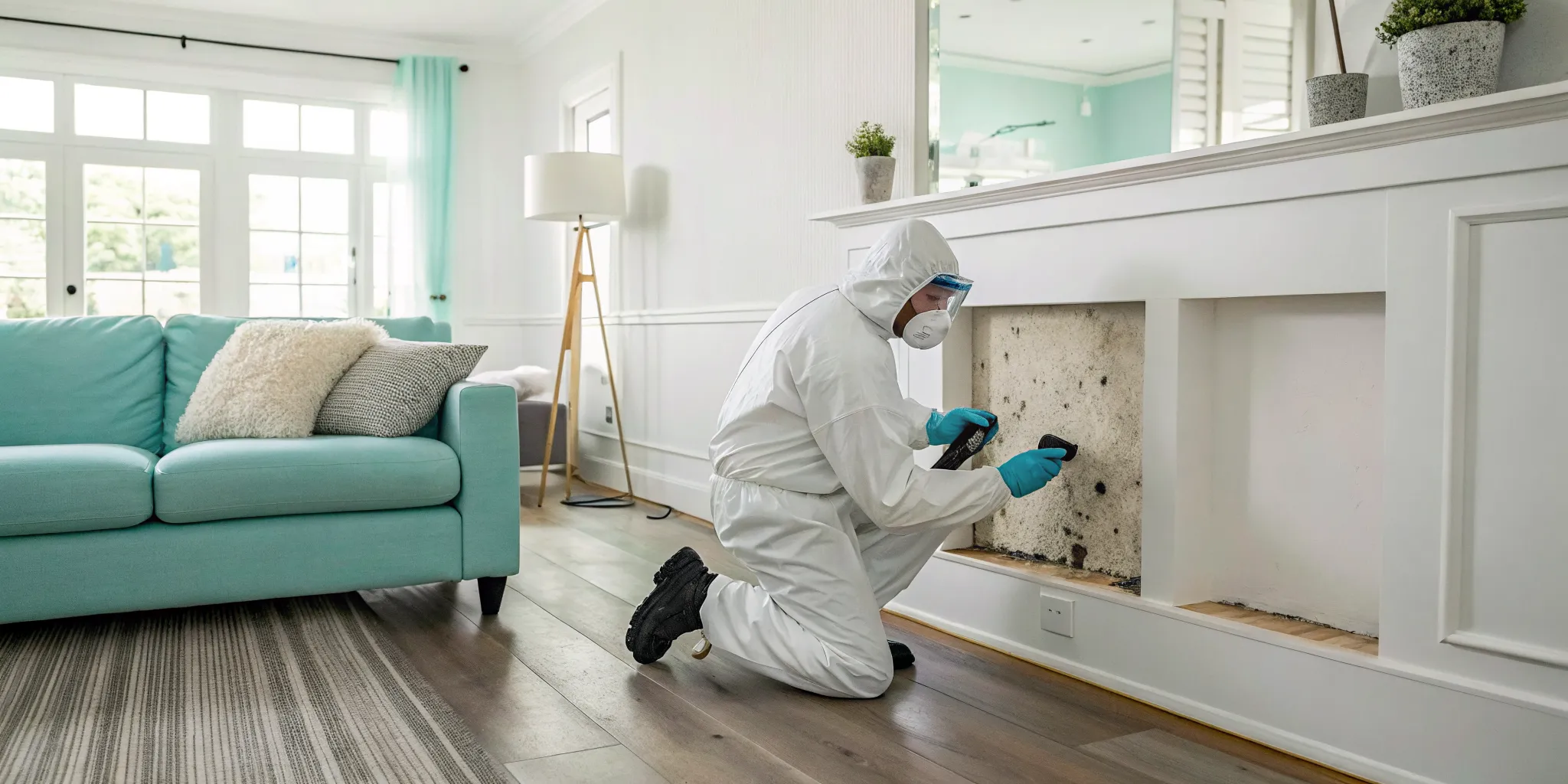 A professional performing black mold removal, a key factor in the cost in St. Petersburg.