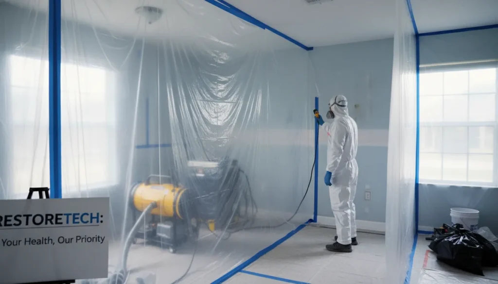 Mold remediation technician setting up containment in a Florida home