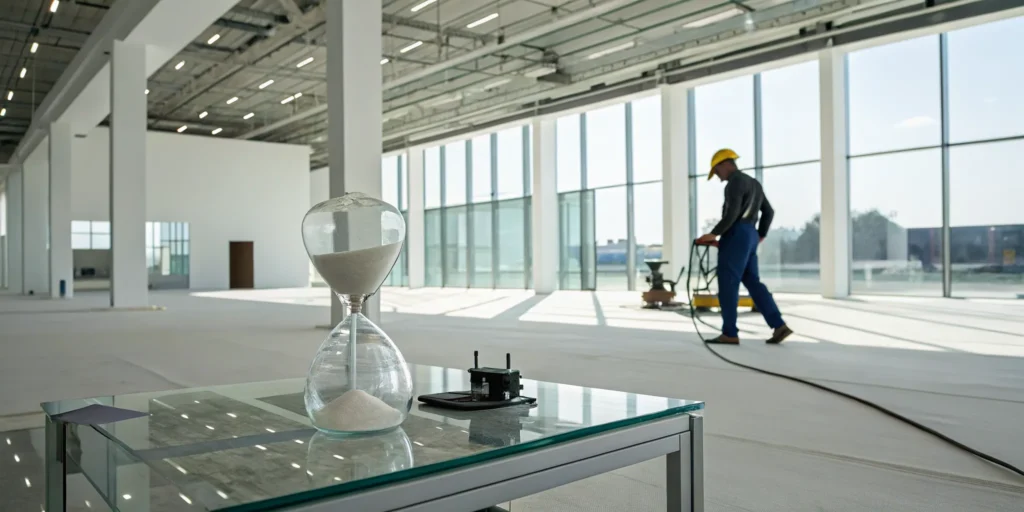 A worker performs structural drying on a floor next to an hourglass representing the time it takes.