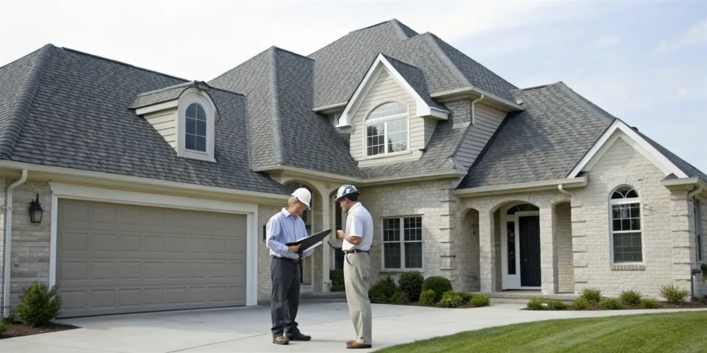 Contractors from the best asphalt shingle roofing company inspecting a new roof.