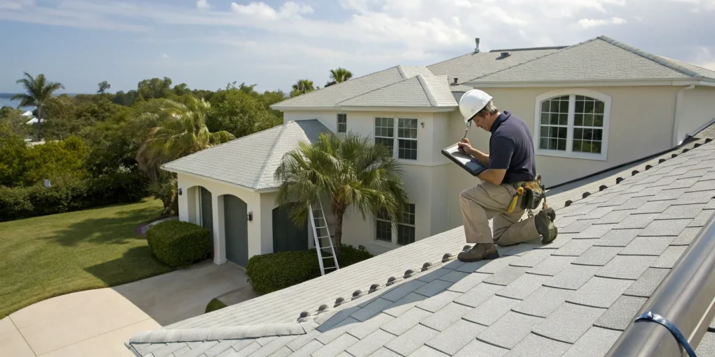A roofing contractor inspects a damaged roof on a home in Saint Petersburg, FL.